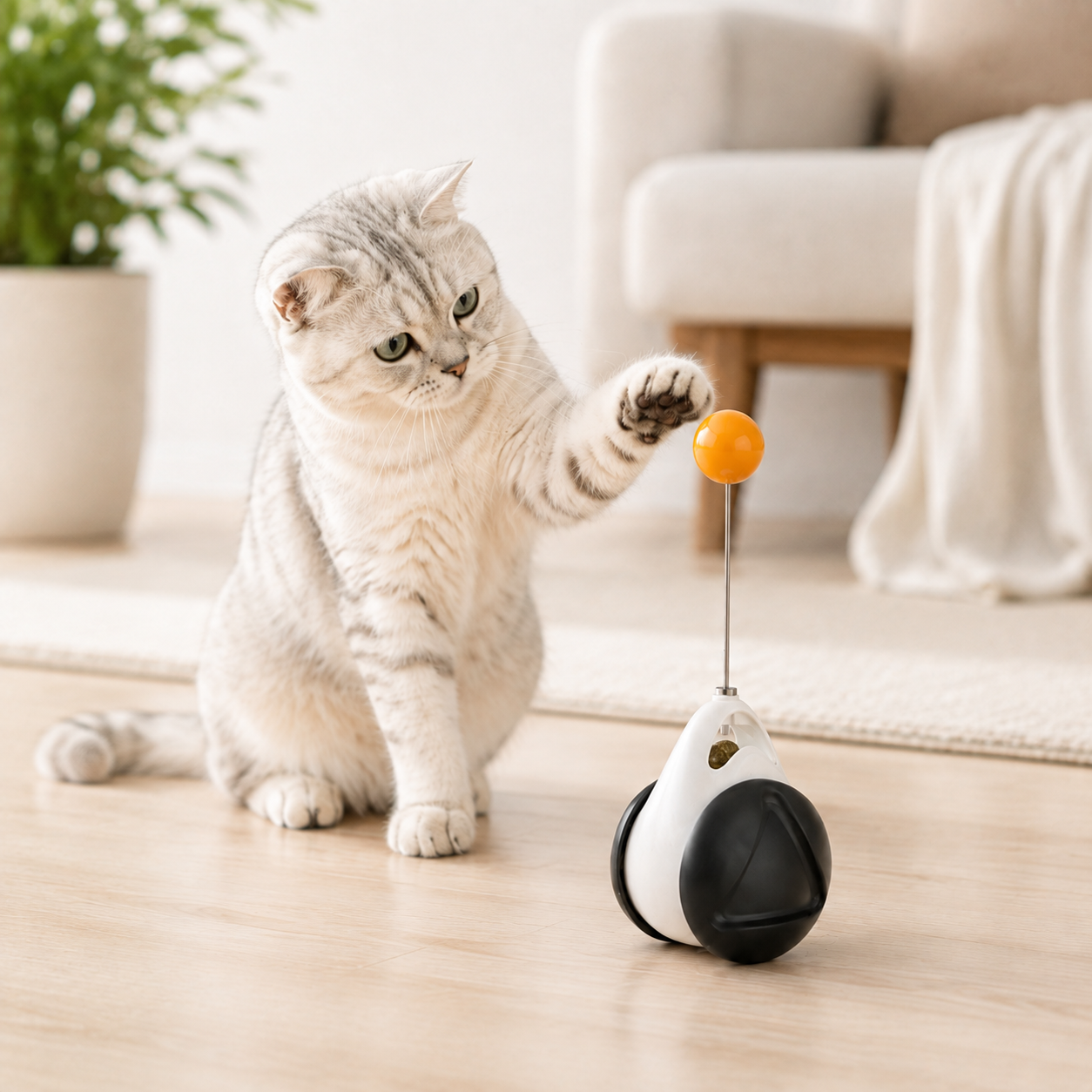 Cat gently reaching for the wobble toy’s orange ball