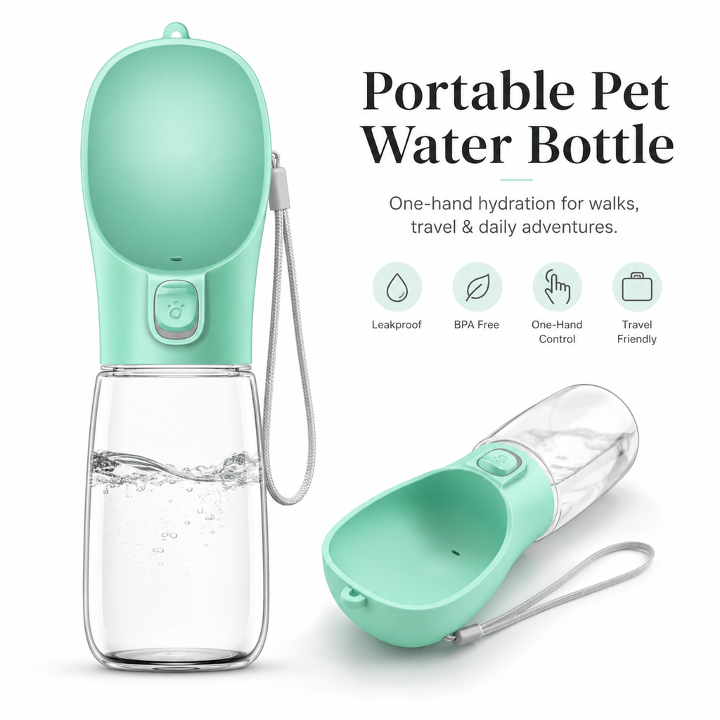 One-Touch Dog Water Bottle with Built-In Bowl