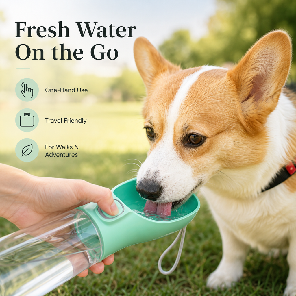 One-Touch Dog Water Bottle with Built-In Bowl