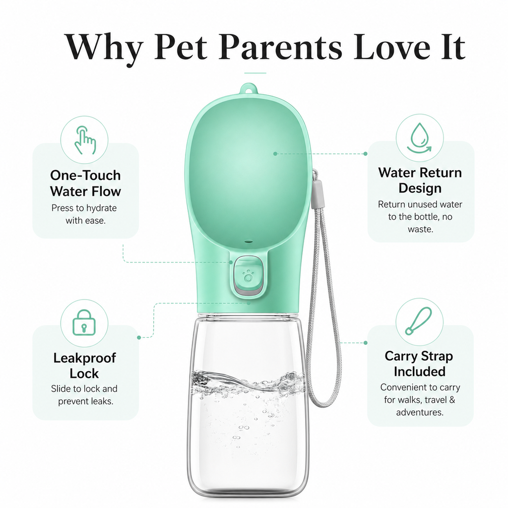 One-Touch Dog Water Bottle with Built-In Bowl