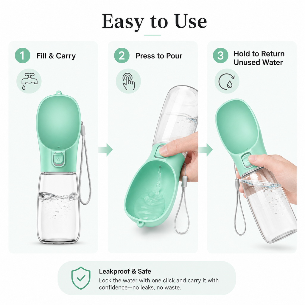 One-Touch Dog Water Bottle with Built-In Bowl