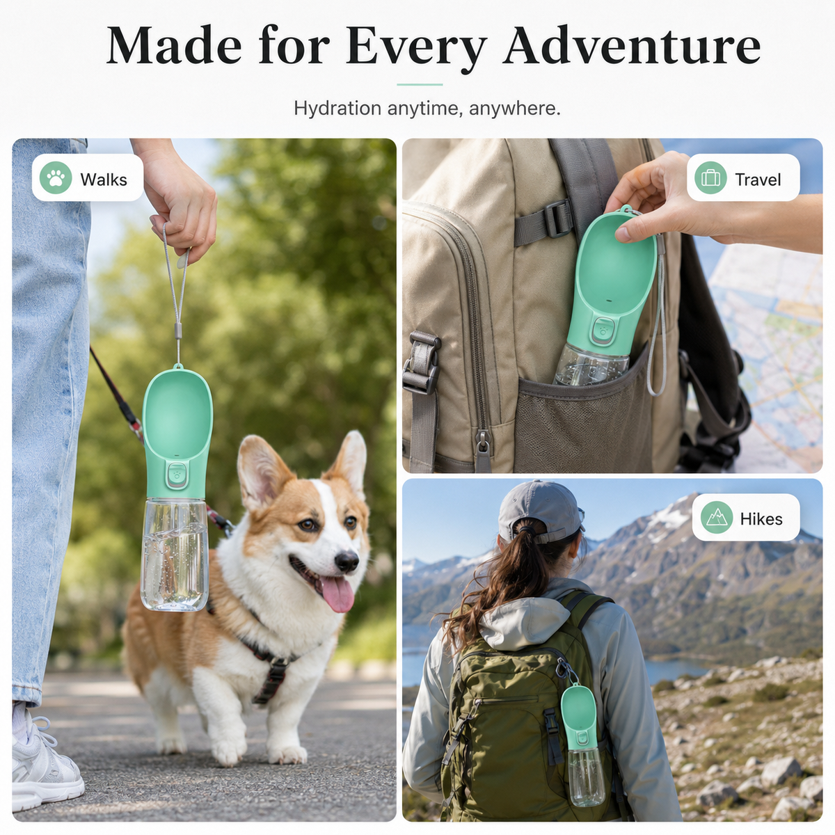 One-Touch Dog Water Bottle with Built-In Bowl