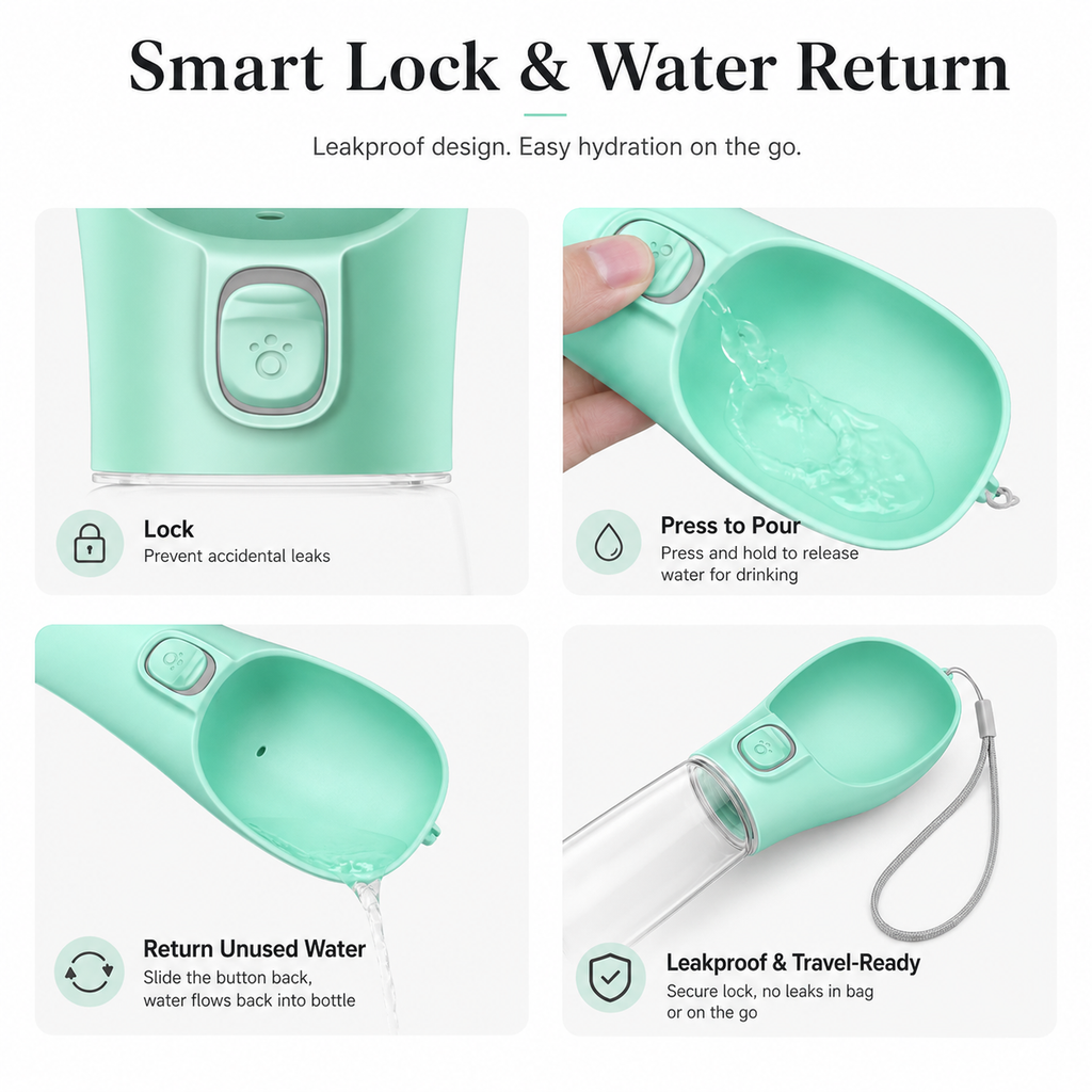 One-Touch Dog Water Bottle with Built-In Bowl