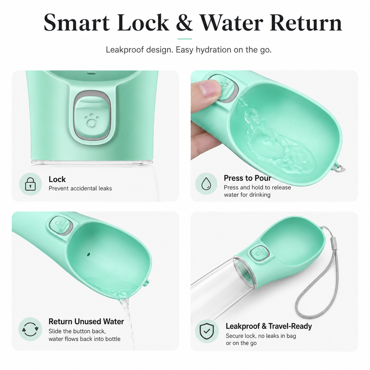 One-Touch Dog Water Bottle with Built-In Bowl