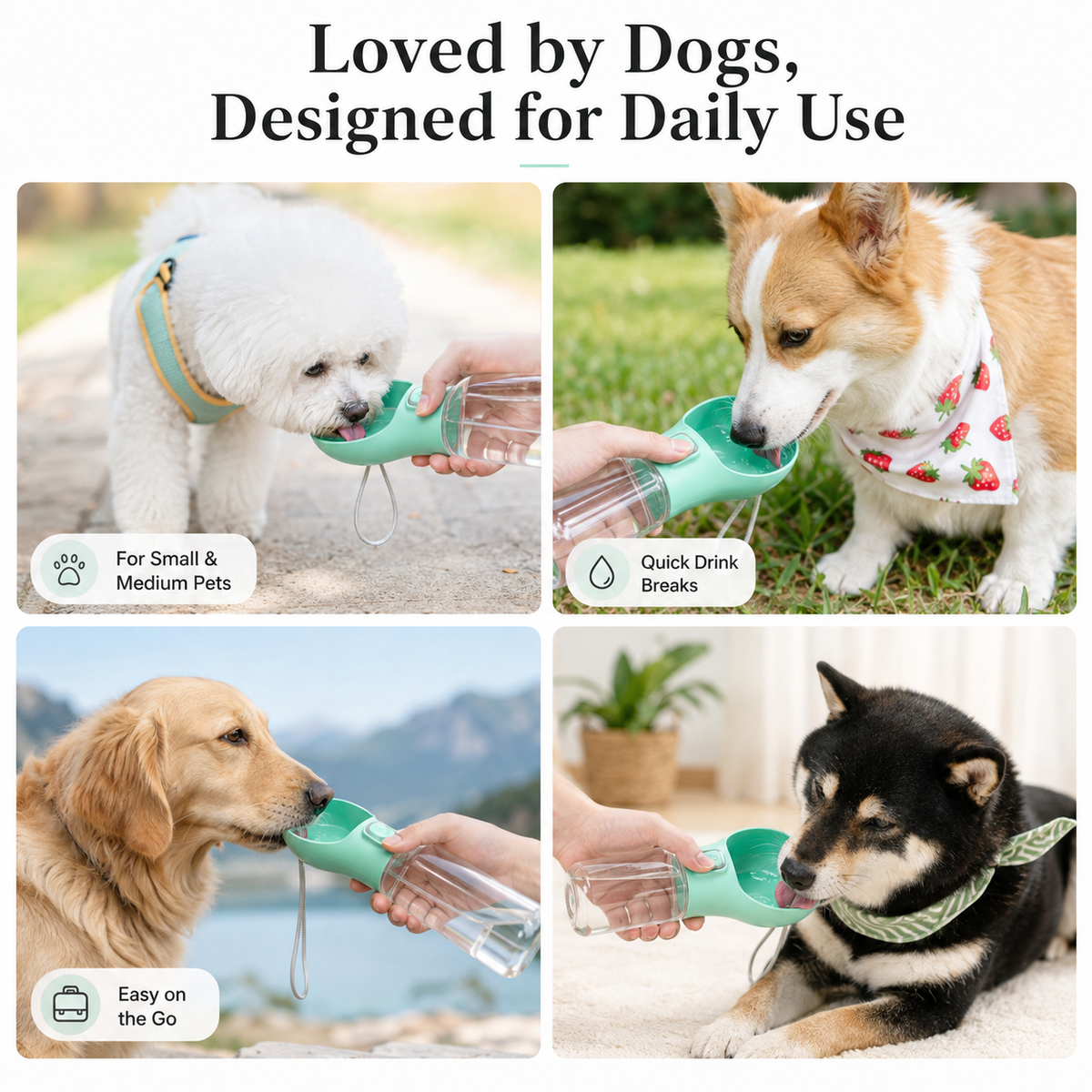 One-Touch Dog Water Bottle with Built-In Bowl