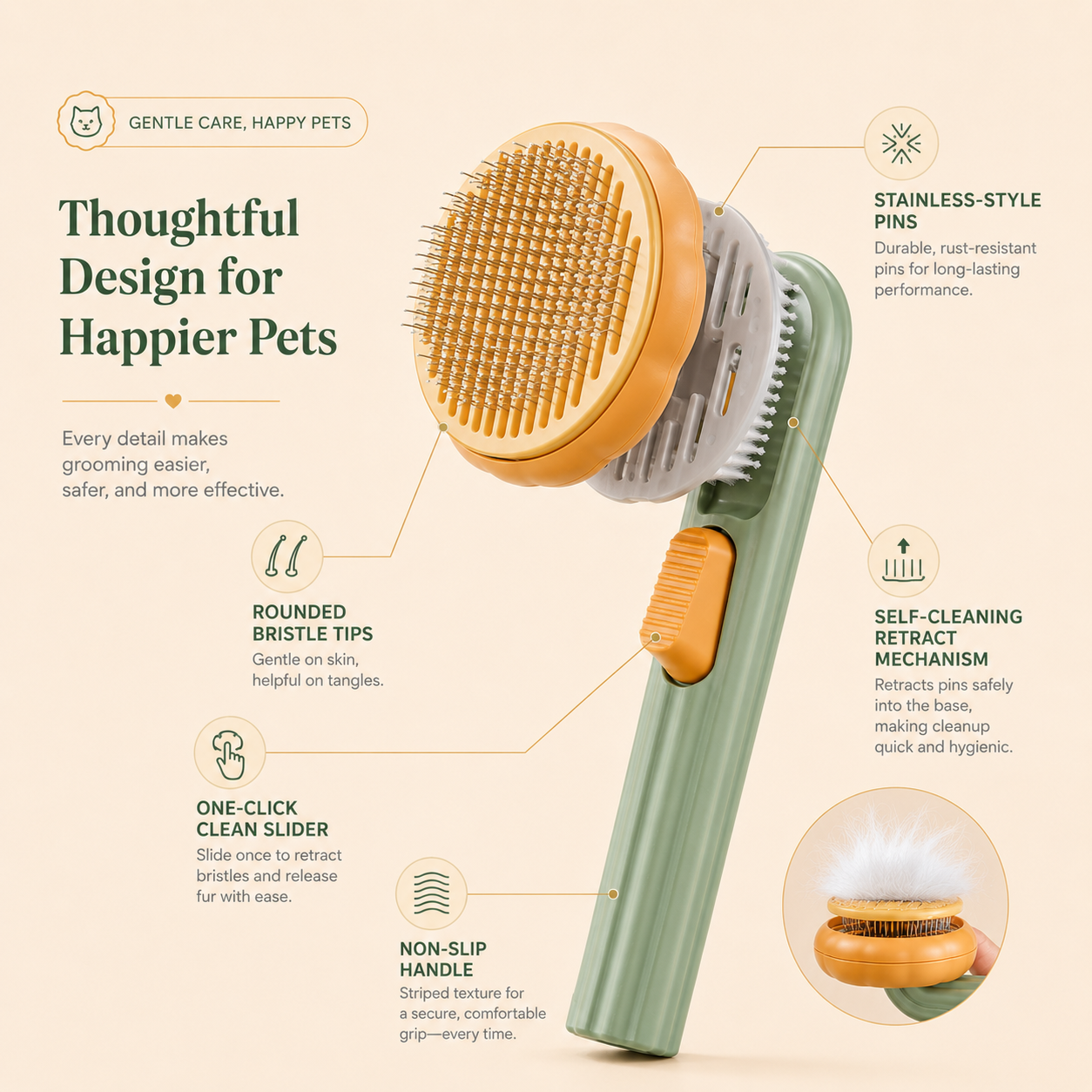 Self-Cleaning Pet Slicker Brush for Cats & Dogs