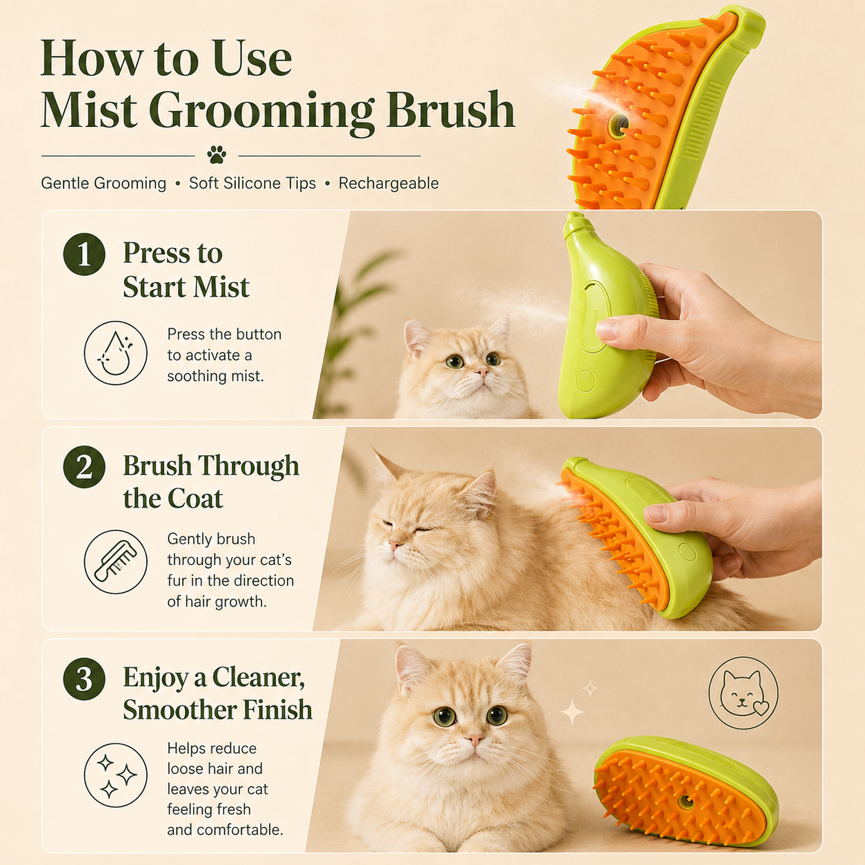 Rechargeable Mist Grooming Brush for Cats & Dogs